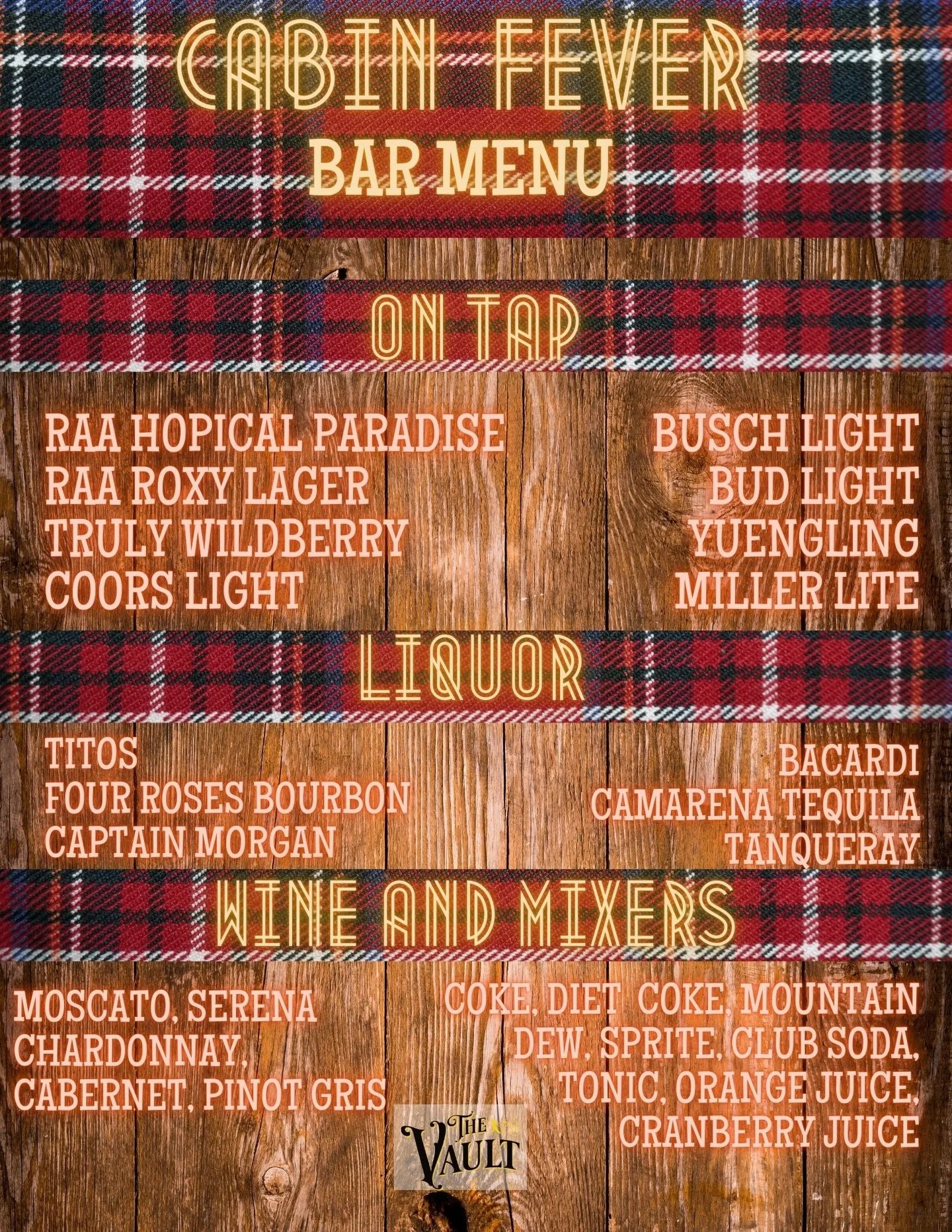 🍺 @thevaultgbg Bar Menu for Cabin Fever: Patrick &amp; Swayze🍹 
All this, plus, our full bar and bus taps next door in our taproom! See you tomorrow! 🎤
