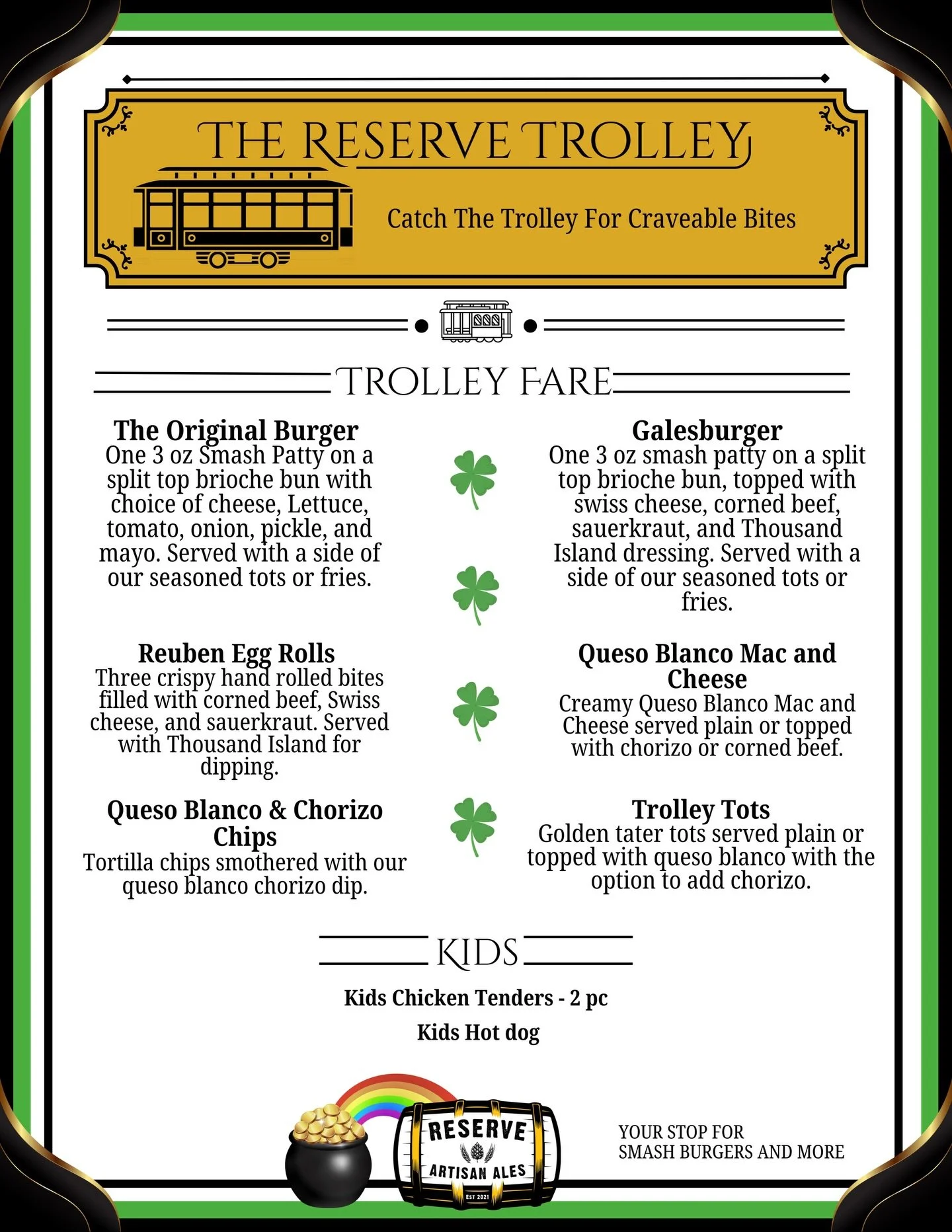 🍀One fabulous eats and treats menu for our RAA St. Paddy&rsquo;s Party just for you! Don&rsquo;t forget our Who&rsquo;s Your Paddy Irish Stout and Irish Red Ale are making their debut too! 🍻