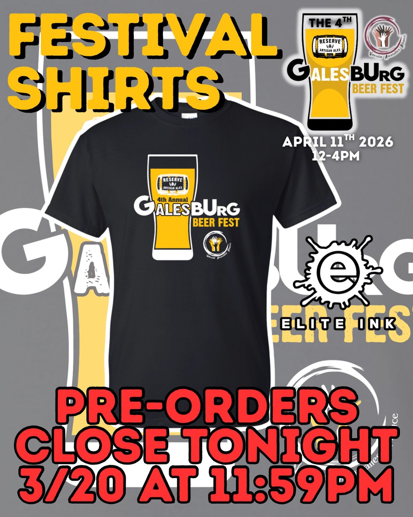 📣 LAST CALL on pre-ordered t-shirts for the 4th Annual G-ALES-Burg Beer Fest! 
&mdash; @elite.ink will make us a very small inventory of extra sizes for the day of, but no guarantees on your size 👚 
🔗 Link to merch in the comments!