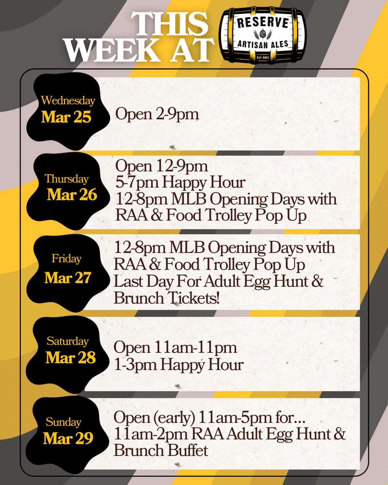 New week, same fun! 🍻 
⚾️ MLB Opening Days at RAA &amp; Food Trolley Pop Up
🪺 RAA Adult Egg Hunt &amp; Brunch 🐰 Tickets close on FRIDAY&mdash;family friendly buffet!