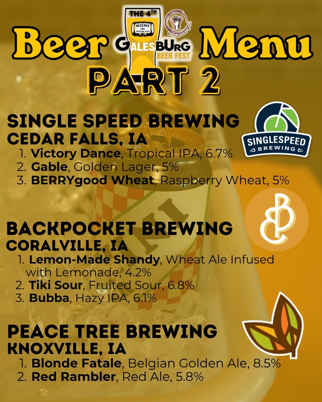 📣Who is ready for PART TWO of THREE 4th Annual G-ALES-Burg Beer Fest beer menu releases?! 
&mdash;part 3 tomorrow &amp; food menu on Wednesday! 🎉 
🎟️ Get your General Admission ticket supporting the @vascularally before they are GONE! 
@singlespee