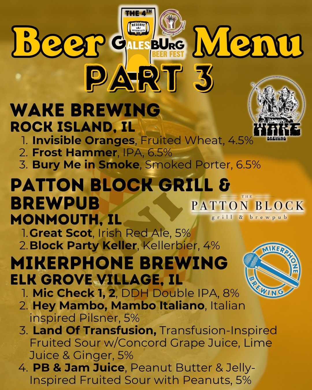 🍺4th Annual G-ALES-Burg Beer Fest part THREE &amp; final beer menu drop! Tomorrow will be the FOOD MENU! 🤤 
🎟️Get those tickets to support @vascularally before you miss out🎟️ 
@wakebrewing 
@pattonblock 
@mikerphonebrewing 
@acecider 
@begylebrew