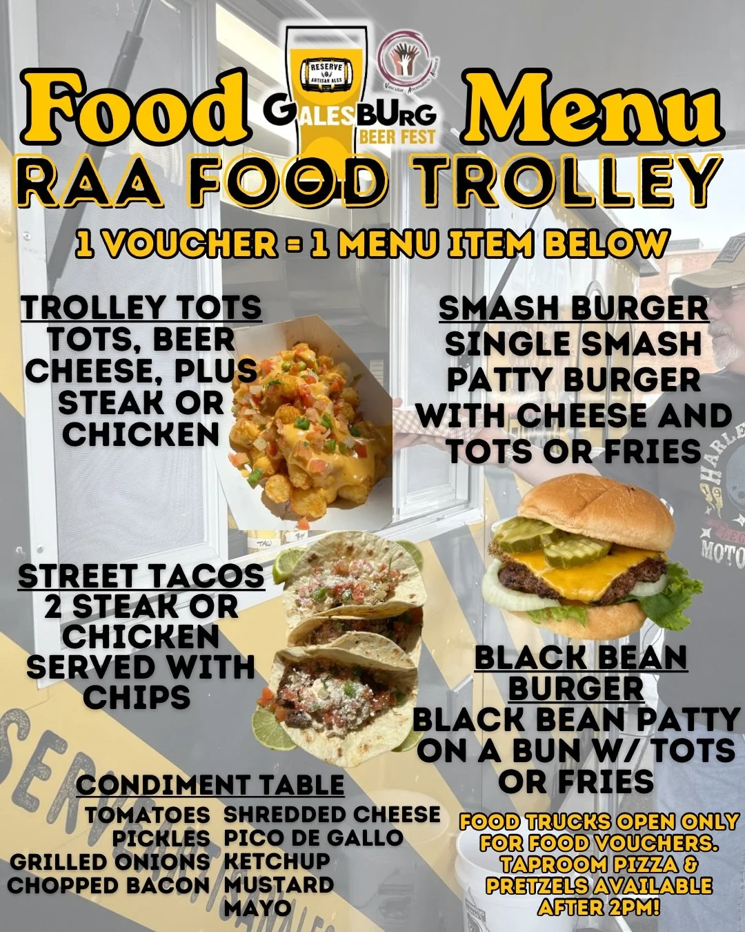 🍽️ 4th Annual G-ALES-Burg Beer Fest Food Voucher Menus from the RAA Food Trolley &amp; @nayborhood_farm Wood-fire Pizza! 🍕 
🚨Only food voucher tickets will be able to eat from the food truck, so we can ensure food voucher holders eat! 
🥨RAA tapro