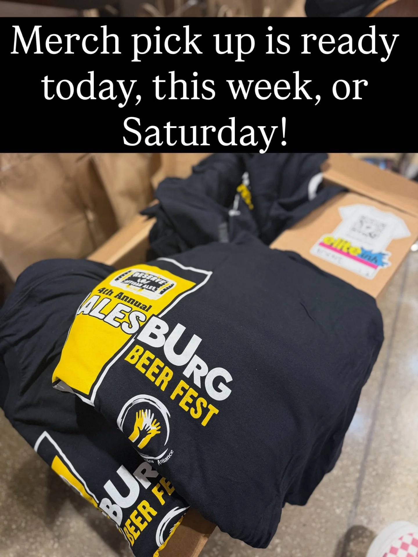 ‼️4th Annual G-ALES-Burg Beer Fest merch is READY for pick up NOW! Come this week to the taproom or Saturday to the lobby merch table for pick up! 🍻 👕 @elite.ink