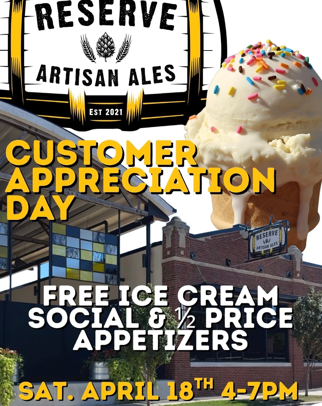 Join us on National Customer Appreciation Day for FREE ICE CREAM🍦 and 1/2 price apps from 4-7pm this Saturday! 🍻