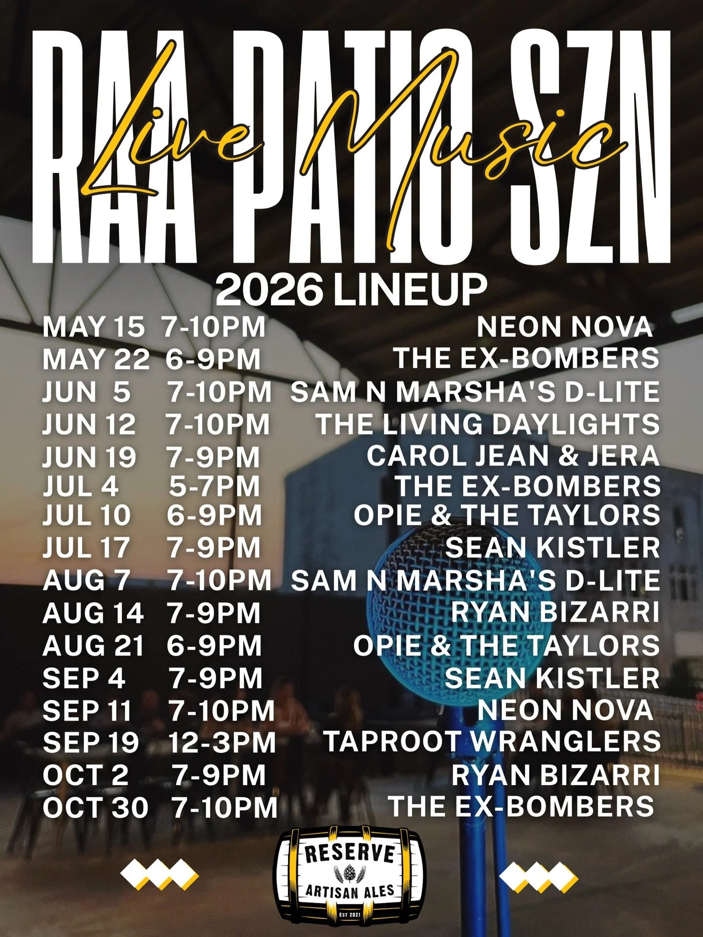 🎤 RAA Patio Season Live Music is almost here!🎸Come groove while you sip a cold one and dine from our food trolley!☀️RSVP to save the dates below! 
🎤 Neon Nova 
🎤 @theexbombers 
🎤 Sam N Marsha&rsquo;s D-Lite 
🎤 The Living Daylights 
🎤 Carol Jea