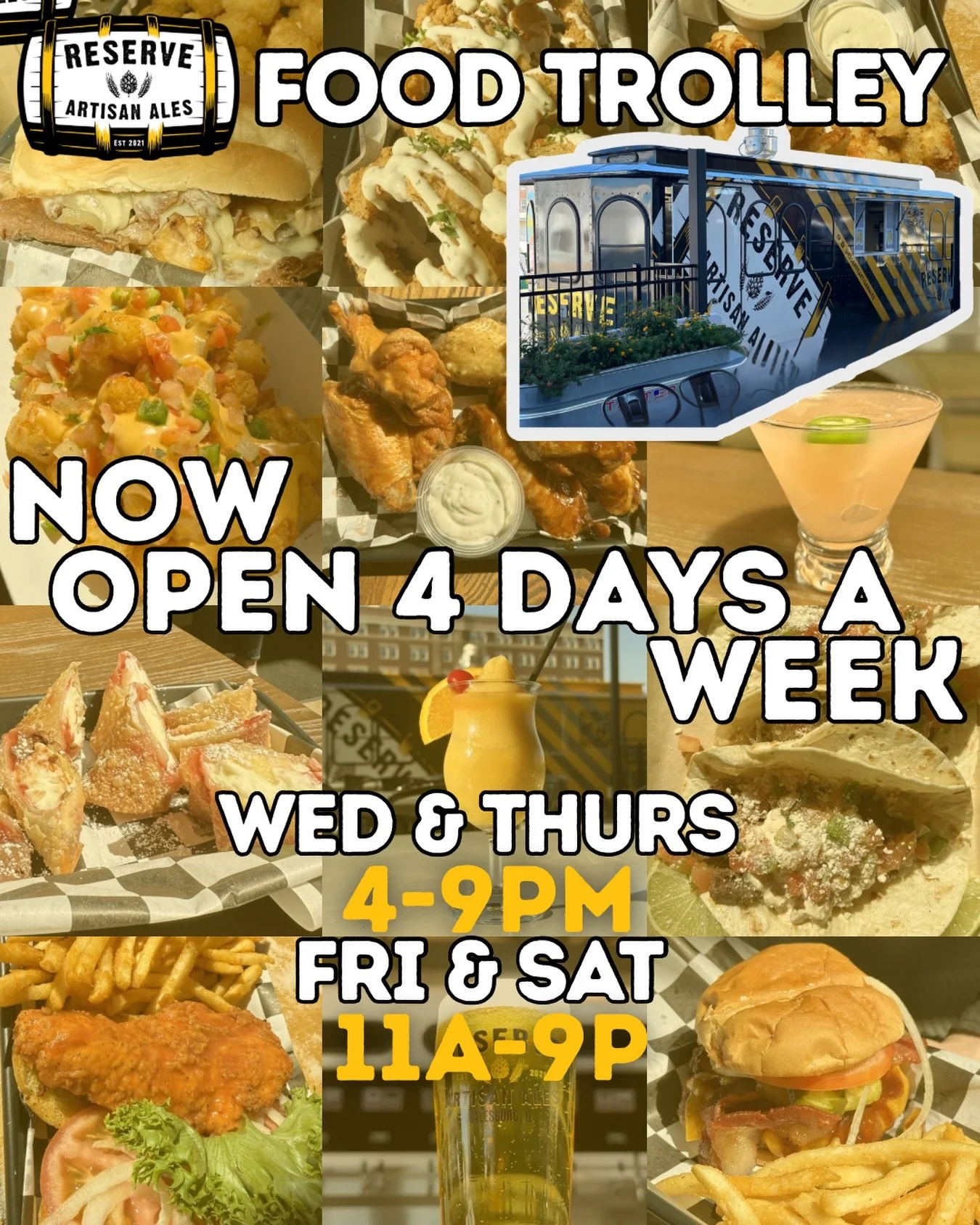📢 GREAT NEWS 🗞️ The RAA food trolley is now open 4 DAYS A WEEK! Come enjoy our new and improved menu and check it out ahead of time here at https://www.reserveartisanales.com/food