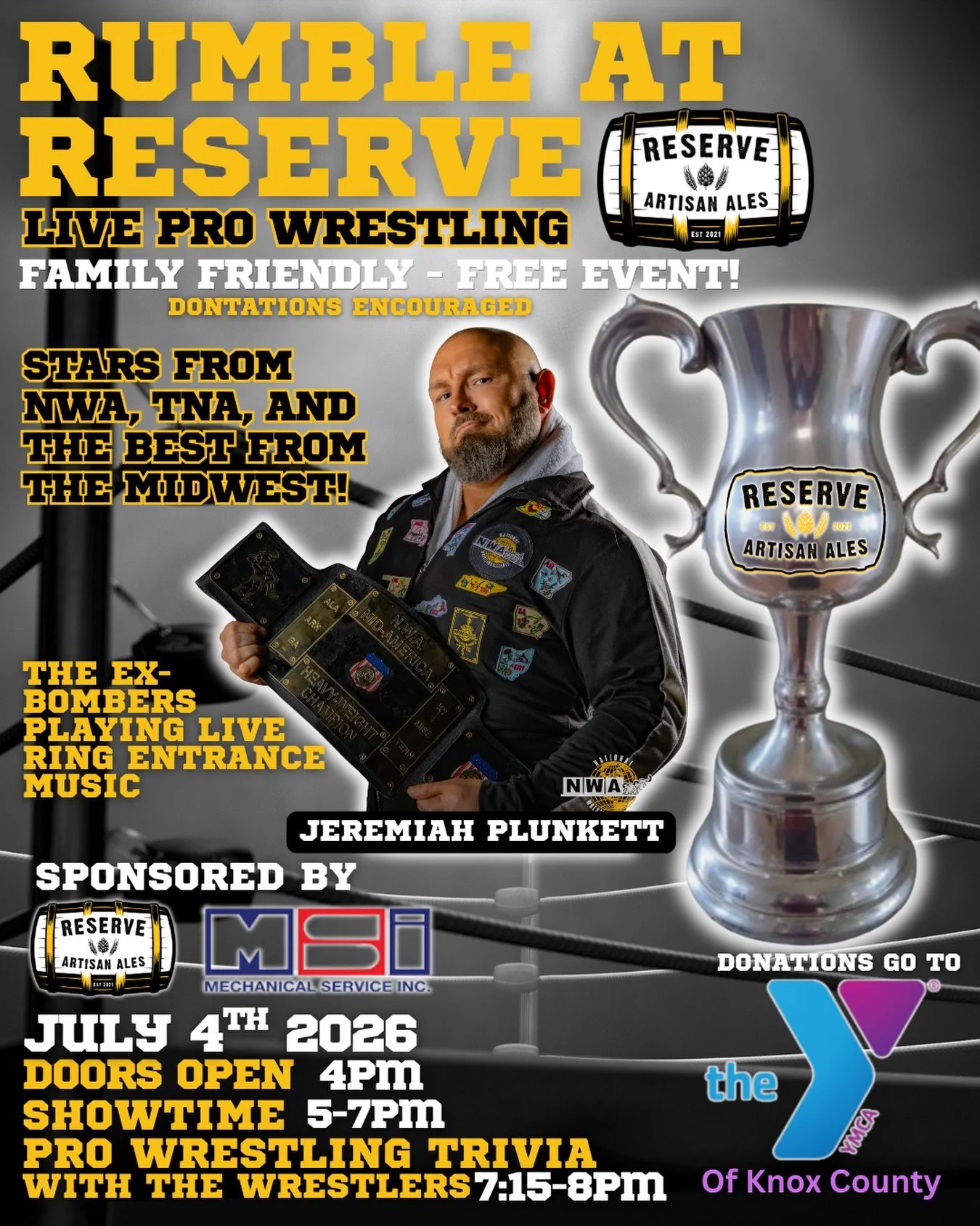 🎉 Ready to kick off the 4th of July with Rumble at Reserve: LIVE PRO WRESTLING? 🫯 
🧑&zwj;🧑&zwj;🧒&zwj;🧒Bring the family for a FREE entry (donations encouraged to benefit the @knoxcountyymca )
🌟Wrestler Spotlight #1&ndash; @plunkitis - Professio