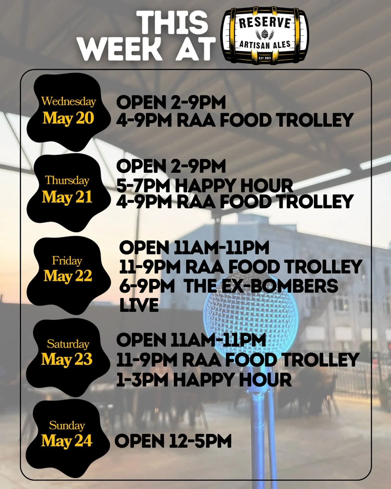 🎼 Head over this week for more patio tunes by @theexbombers and some tasty eats coming out fresh from the RAA Food Trolley! 🚋