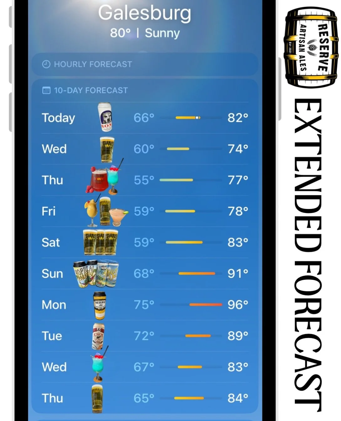 👀Has anyone else seen the projected forecast!? Our patio will be READY for it&mdash;just stock up the fridge with some to go beer for our days off🍻 #ridethebus #galesburgillinois #craftbeer