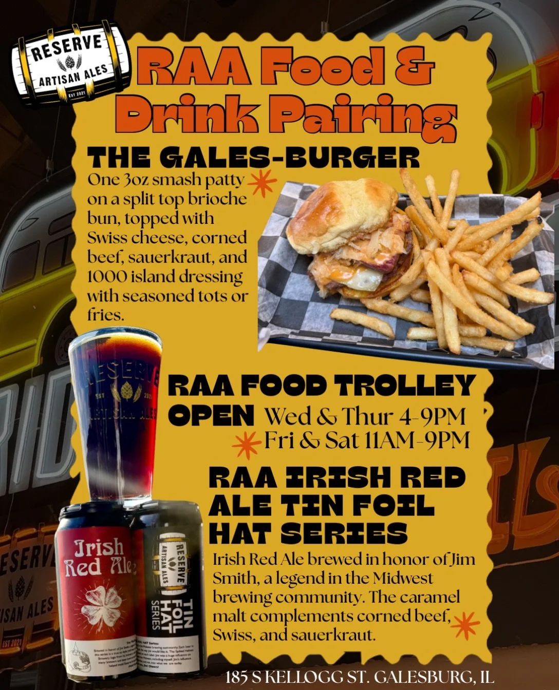 🍽️🍺Weekly RAA Food &amp; Drink Pairing🍹🍽️
🍔 if you are looking to synchronize your tastebuds, try the Gales-Burger &amp; the Irish Red Ale together!🍺 
Come sip and snack your way through the week with us every Wednesday-Sunday! 🚌 
#ridethebus 