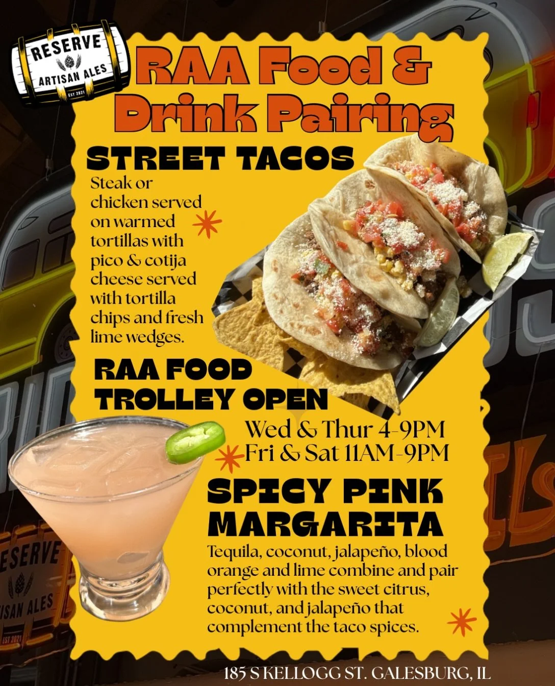 🤤 One of our most popular food menu items and a drink that will make you say wow 🤩 Come sip on our Spicy Pink Margarita with some Street Tacos soon! 🌮 
🔗 Find this and more on our website in our bio! 
 #foodie #foodtrolley #galesburgillinois #rid
