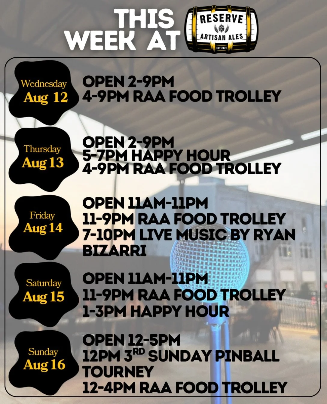 🎶Tunes from @ryanbizarri &amp; extended hours for the food truck during Pinball! Come ride the bus this week! 🚌 🍺