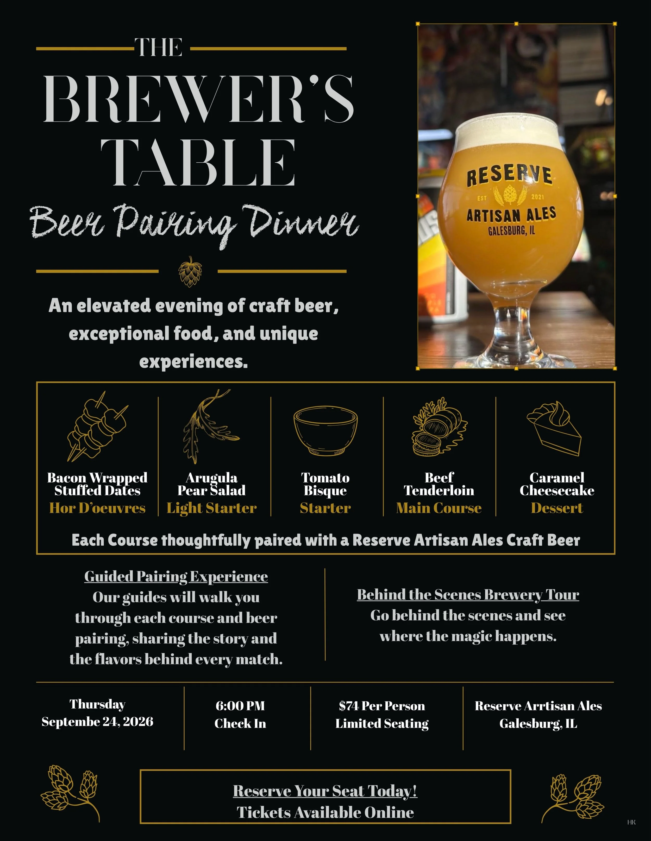 🍽️Join us for the first RAA Brewer&rsquo;s Table&mdash;Beer Pairing Dinner, an elevated evening of craft beer, exceptional food, and a behind the scenes look at Reserve Artisan Ales.

Enjoy a thoughtfully prepared multi course private dinner in our 
