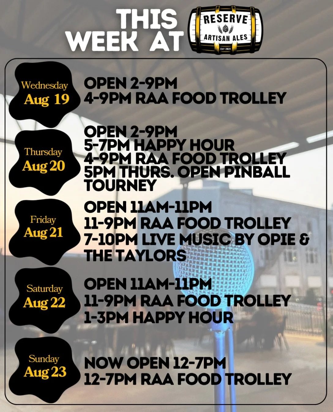 Another week of fun, music and more food trolley hours with fun new specials! 🍽️ stay tuned!