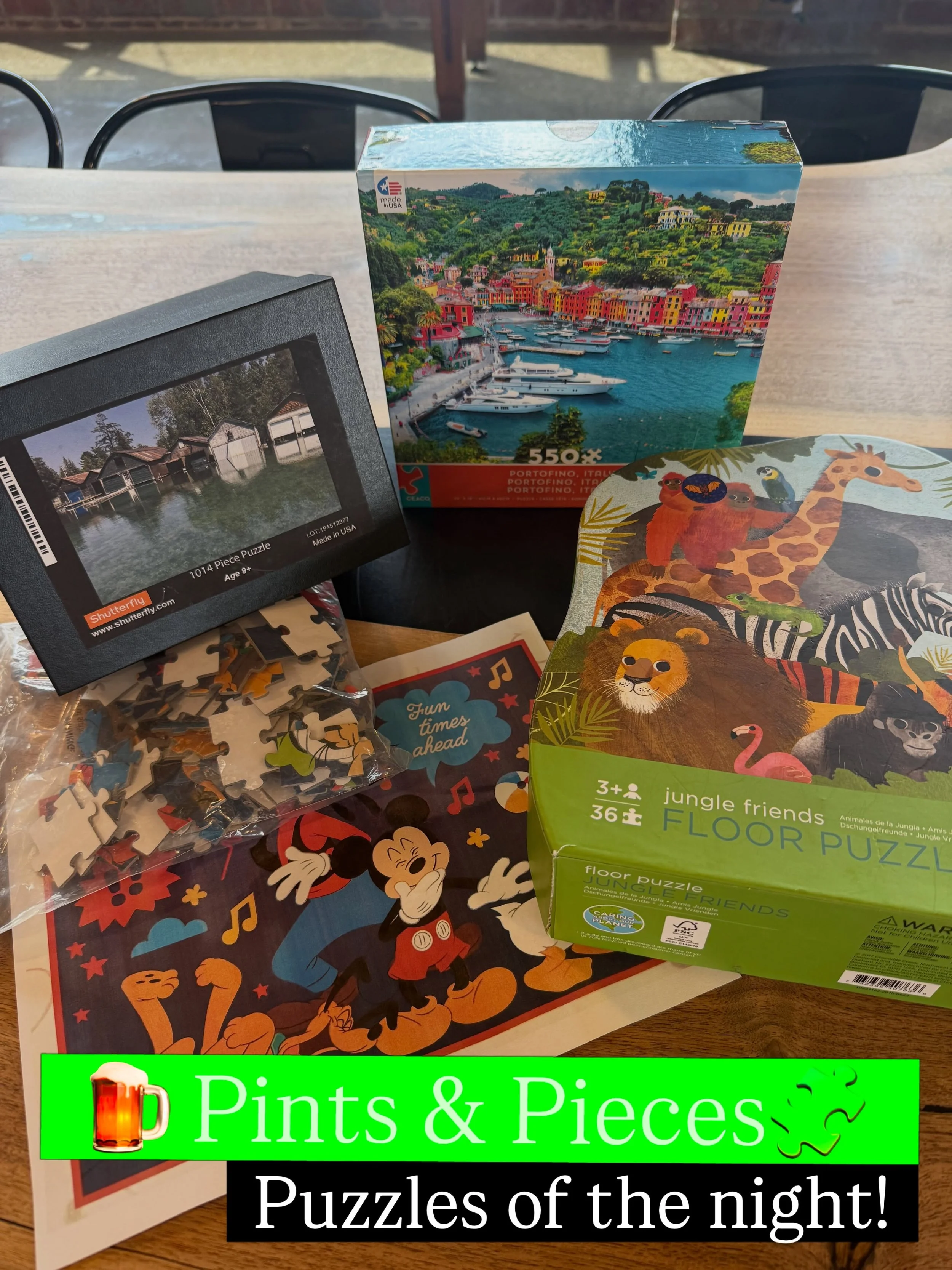 Our Pints &amp; Pieces Puzzle selection for all the age groups this week! We do have a few more in stand by if the group grows! See you for drinks, dinner and a brain teaser! 🎉