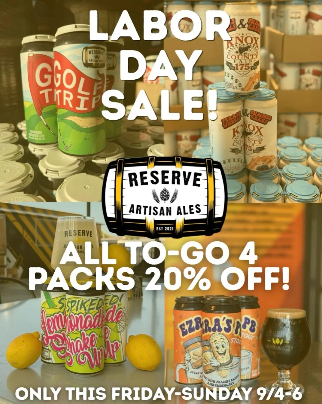 Take advantage of this deal to come try some of our newest brews to cool you off this holiday long weekend! 
🍇 Golf Trip Transfusion Inspired Seltzer
🥜 Ezra&rsquo;s PB Chocolate Stout
🍺 Hefeweizen
🍋 Spiked Lemonade Shakeup Seltzer 
🌫️ Pressure M