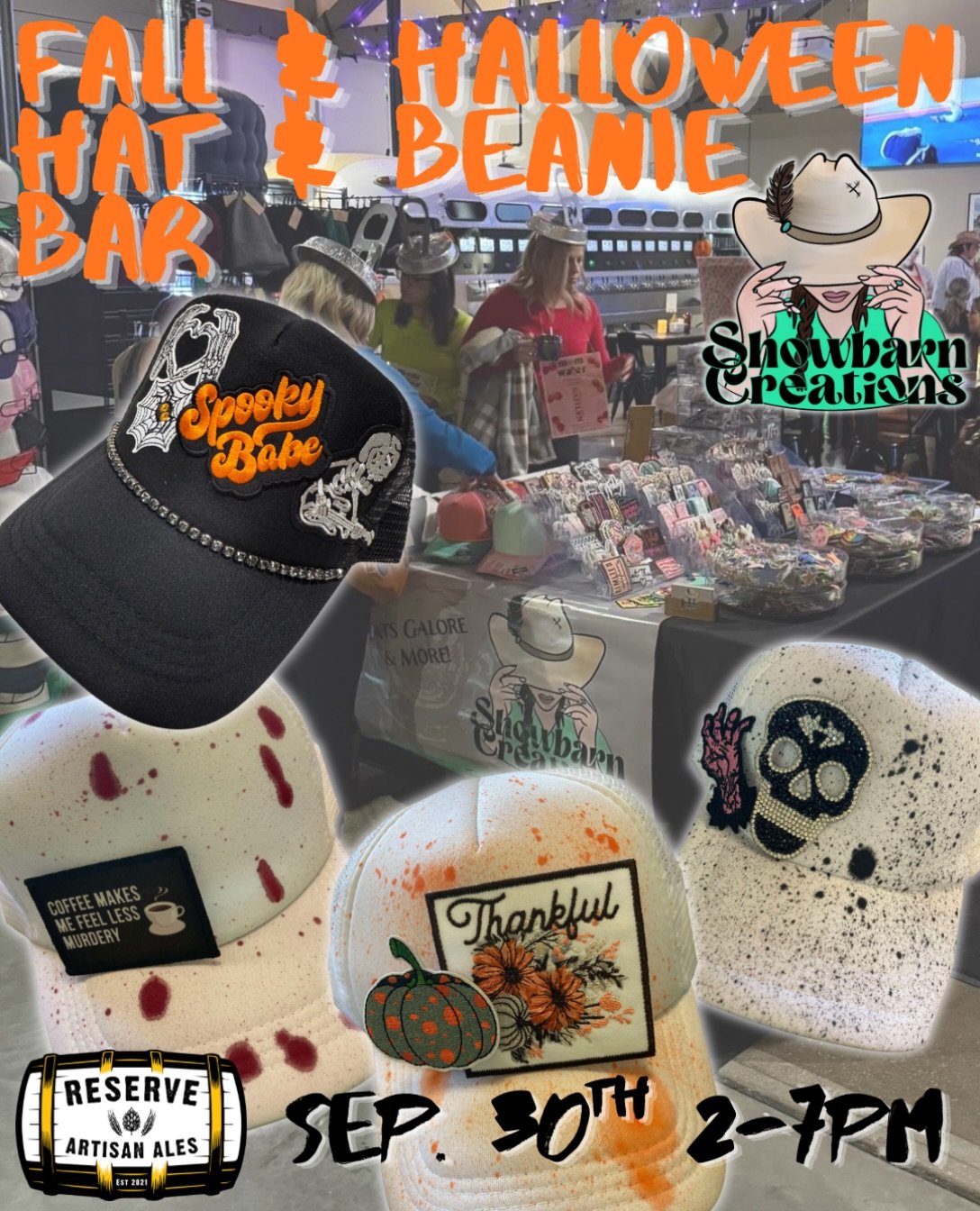 🧢 @showbarn_creations lands in the taproom Wednesday September 30th, 2pm&ndash;7pm &mdash; build your own trucker hat or cozy beanie with a handpicked selection of fall and Halloween patches and accessories. Stop in anytime to customize: choose your