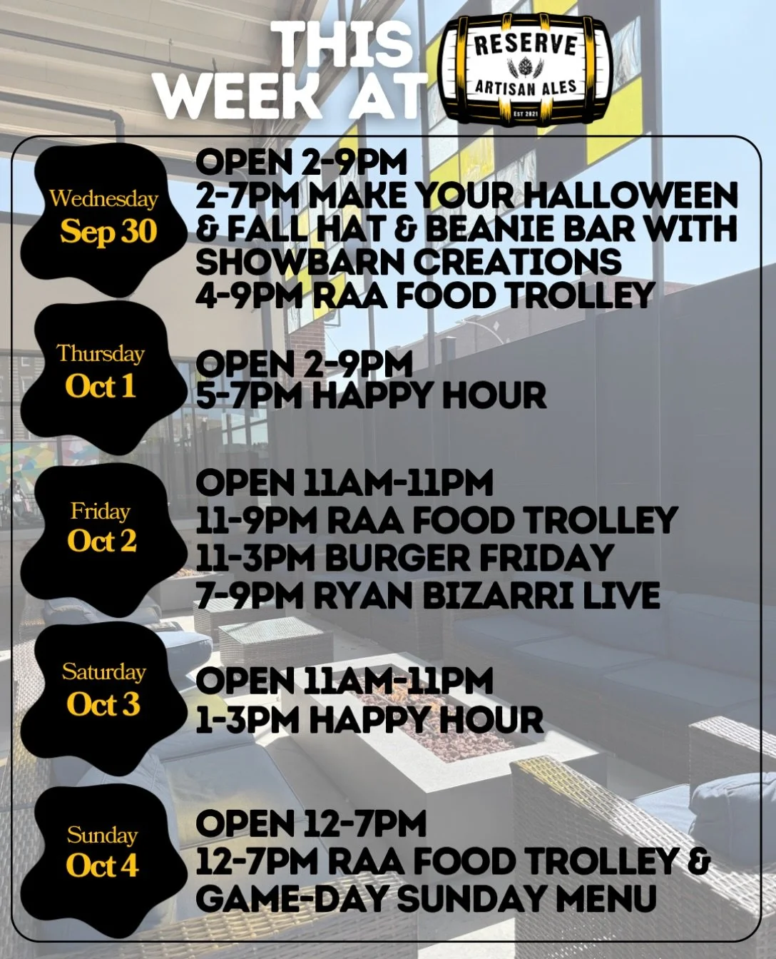 🍁Fall events are in full swing with @showbarn_creations 🧢 hat bar pop up and one of a last few patio performances by @ryanbizarri 🎶
