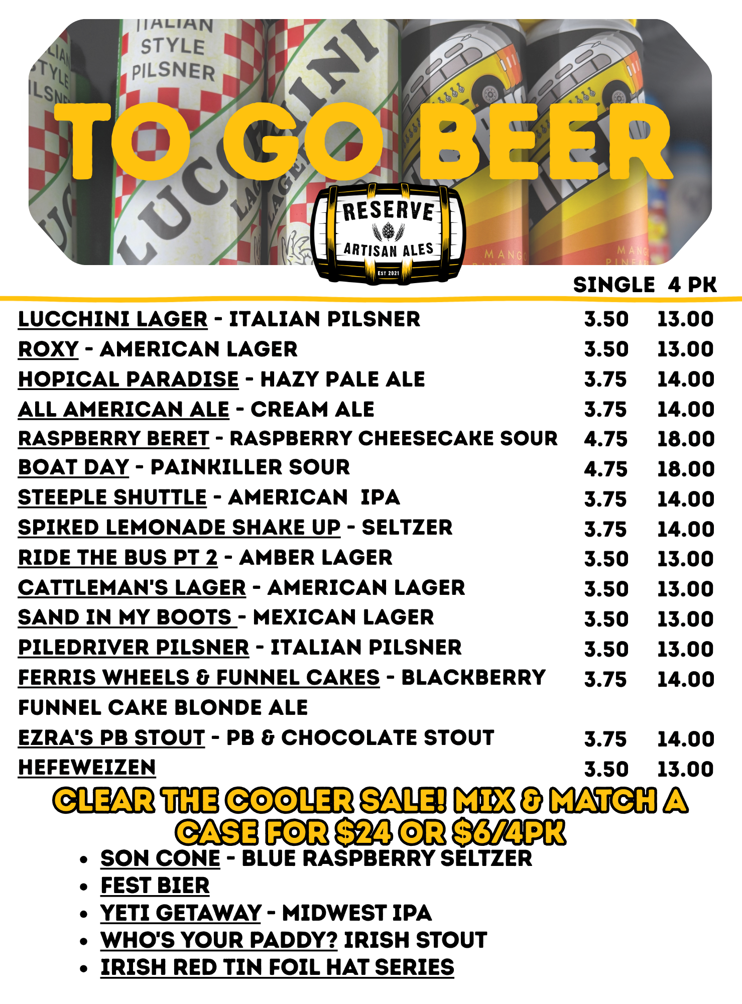 A menu featuring various craft beers and ales with prices listed, and a promotion for a cooler sale with case and individual prices. The background includes images of cans and bottles.