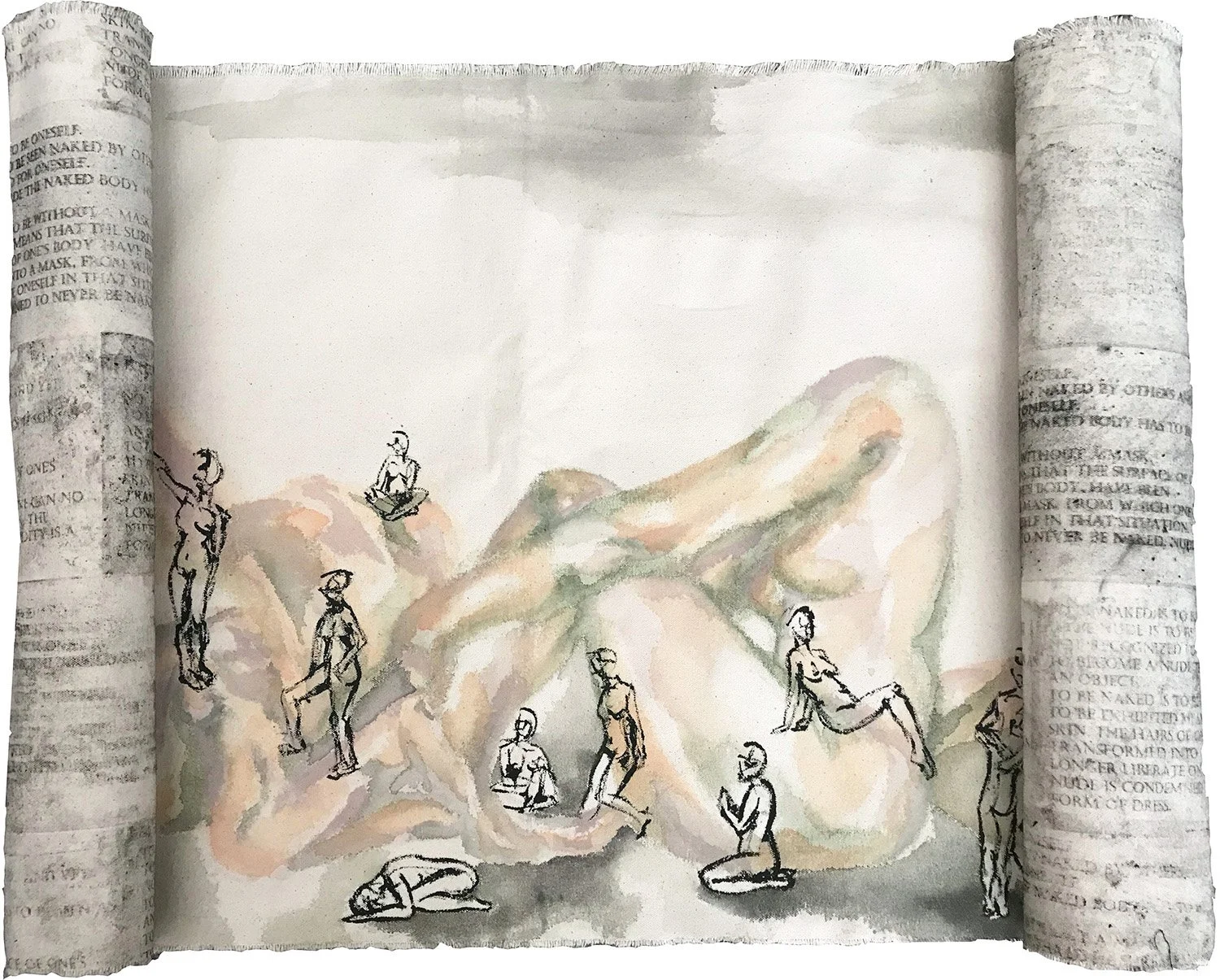 "Pilgrimage (rolled)" watercolor, gouache, and paper lithography on canvas, 21 inches by 49 inches, 2020 SOLD