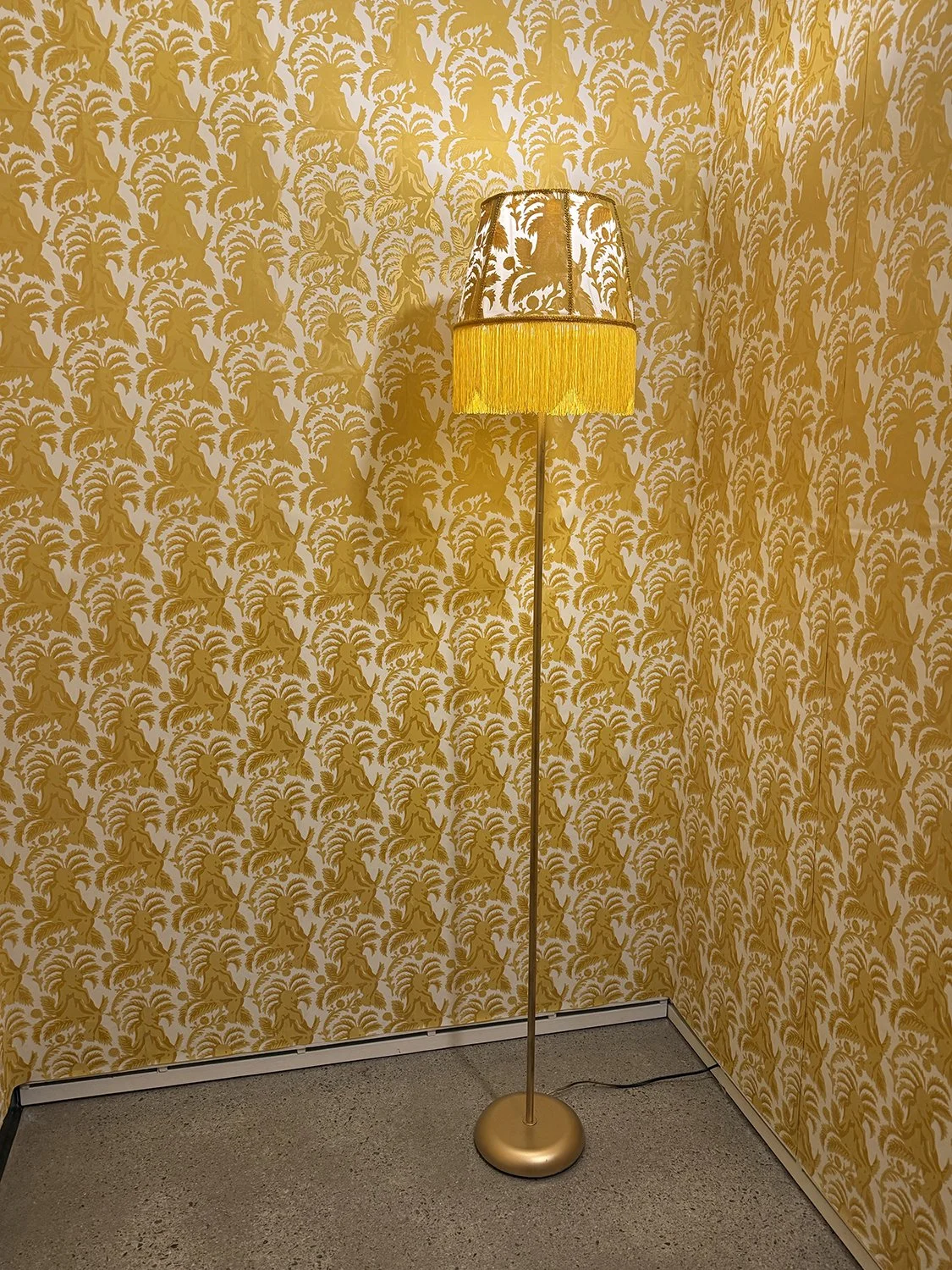 "The Yellow Lampshade" Screen printed fabric with ribbon and fringe, 18 inches by 10 inches, 2026