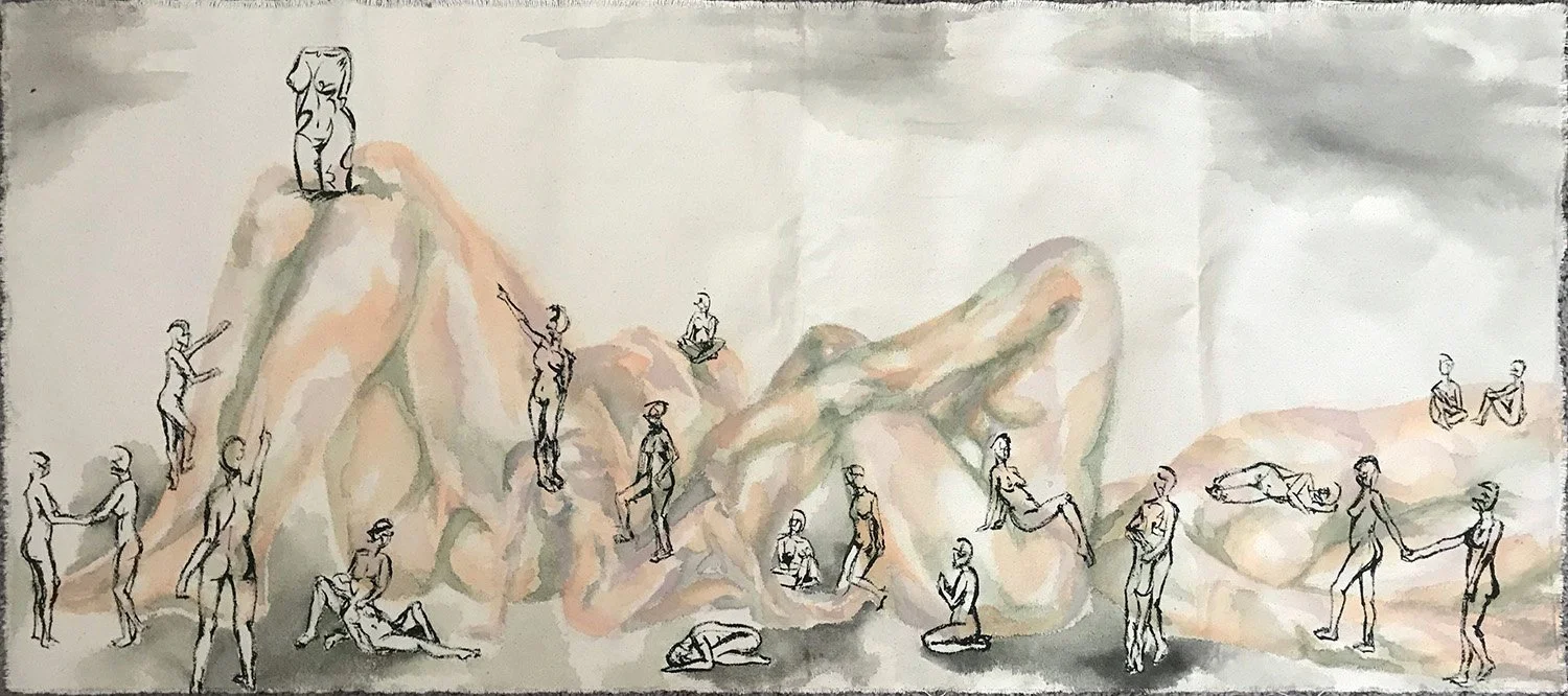 "Pilgrimage (front)" watercolor, gouache, and paper lithography on canvas, 21 inches by 49 inches, 2020 SOLD