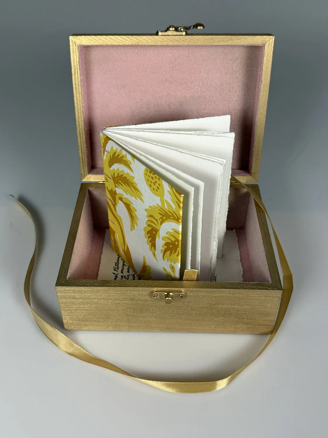 "Maternal Patterns" Coptic stitched screen printed book with flocked wooden box, 7 inches by 5 inches by 3 inches, 2026