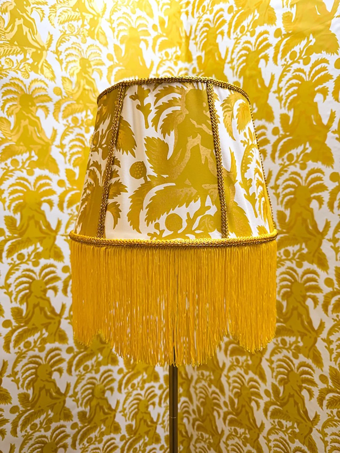 "The Yellow Lampshade (cropped)" Screen printed fabric with ribbon and fringe, 18 inches by 10 inches, 2026