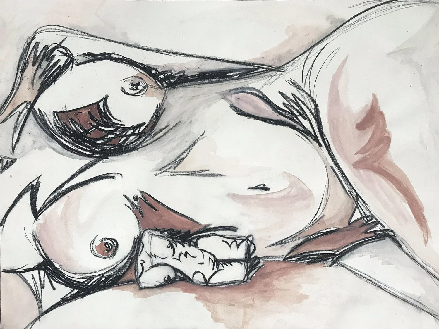 "Totem Series II" charcoal and gouache on paper, 18 inches by 24 inches, 2020