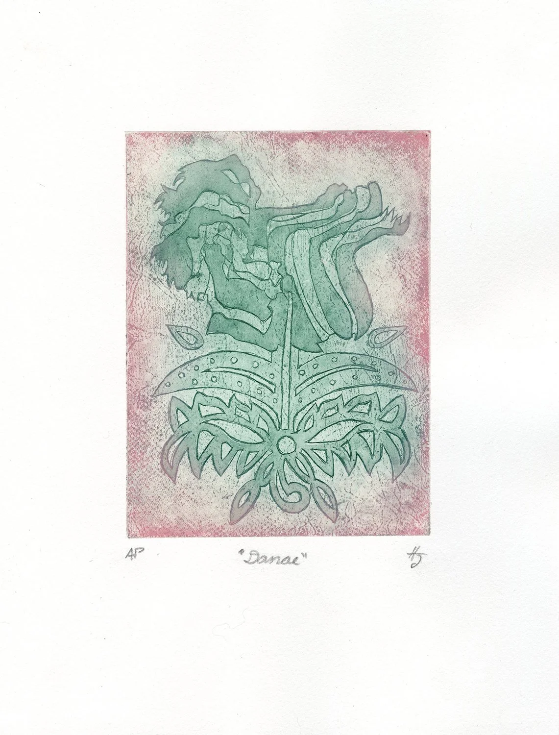 "Danae" intaglio on paper, 8 inches by 6 inches, 2025