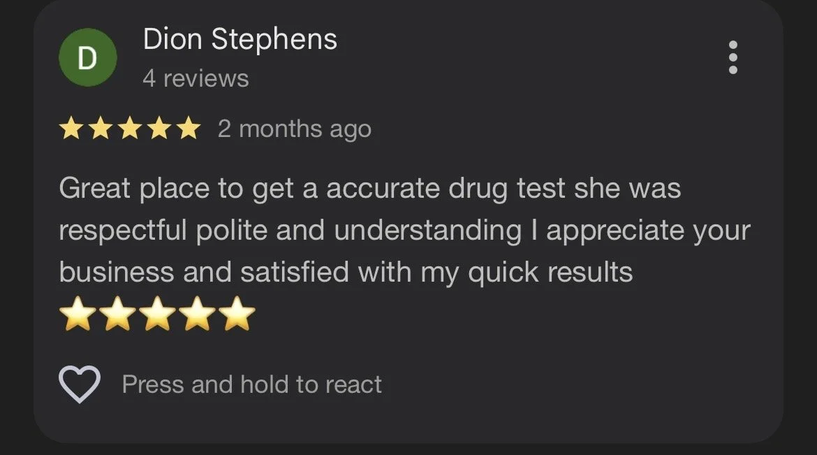 Screenshot of a Google review for a drug testing service. The review is by Dion Stephens, rated 5 stars, praising the accuracy and quick results of the drug tests.