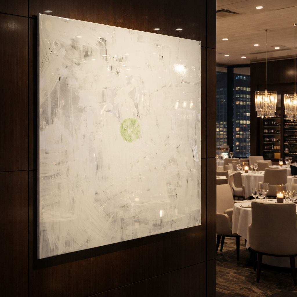 Abstract white painting with a green circle on a wall near a dining area in a restaurant or hotel lounge.