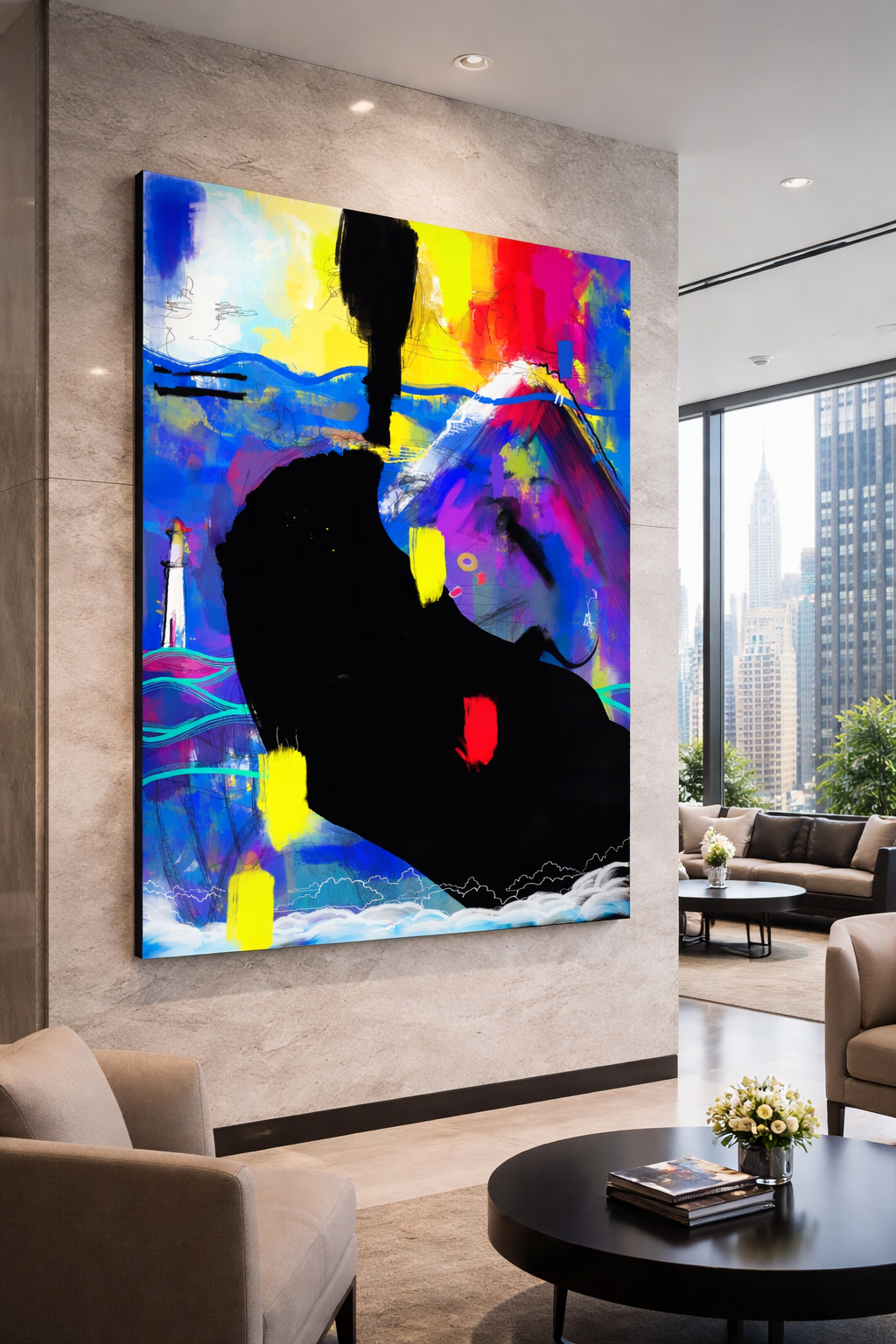abstract artwork by Josh Hy, set inside an office bulding