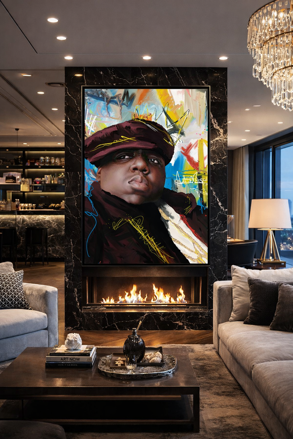 Modern living room with a large colorful portrait of a man wearing a hat hanging above a fireplace. The room features a beige sofa, black and white pillows, a coffee table with decorative objects, and large windows with a city view.