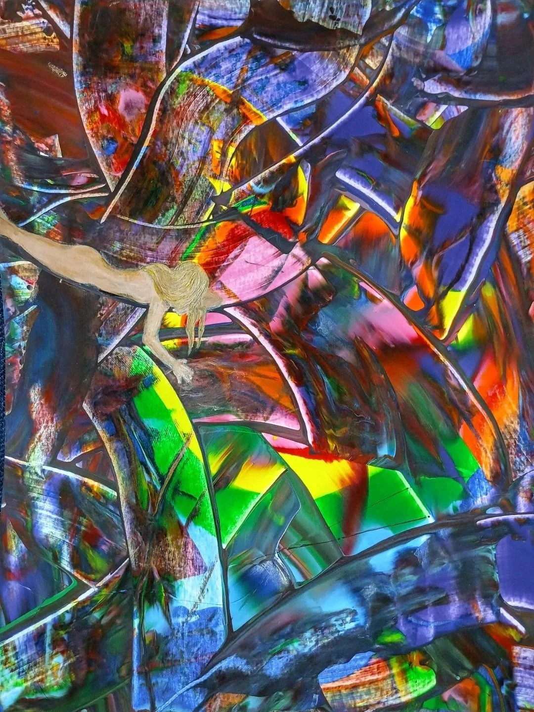 A colorful, abstract artwork featuring a humanoid figure with long hair, reaching across a vibrant, chaotic background of swirling colors and shapes.