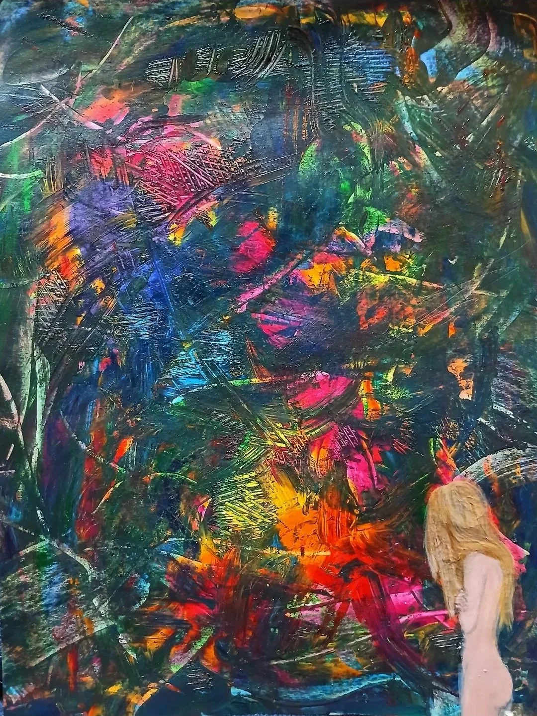 Abstract colorful painting with a figure of a woman with blonde hair on the bottom right, surrounded by dark, vibrant, swirling colors.