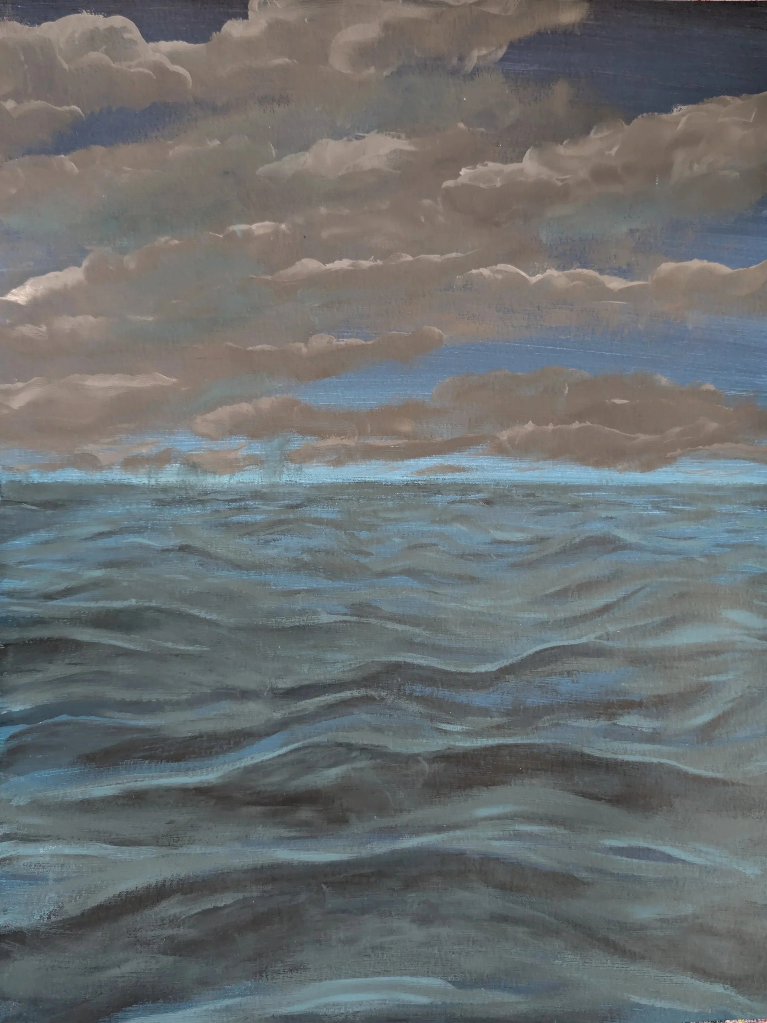 A painting of the sky with clouds over the ocean with wind ripples on the water surface.