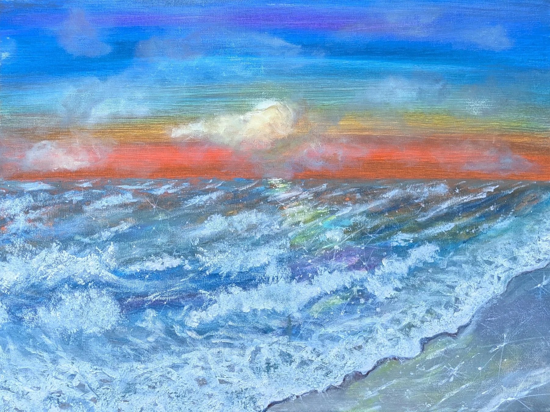 A colorful painting of a sunset over the ocean, with vibrant hues of blue, orange, pink, and purple in the sky and water, featuring waves and clouds.