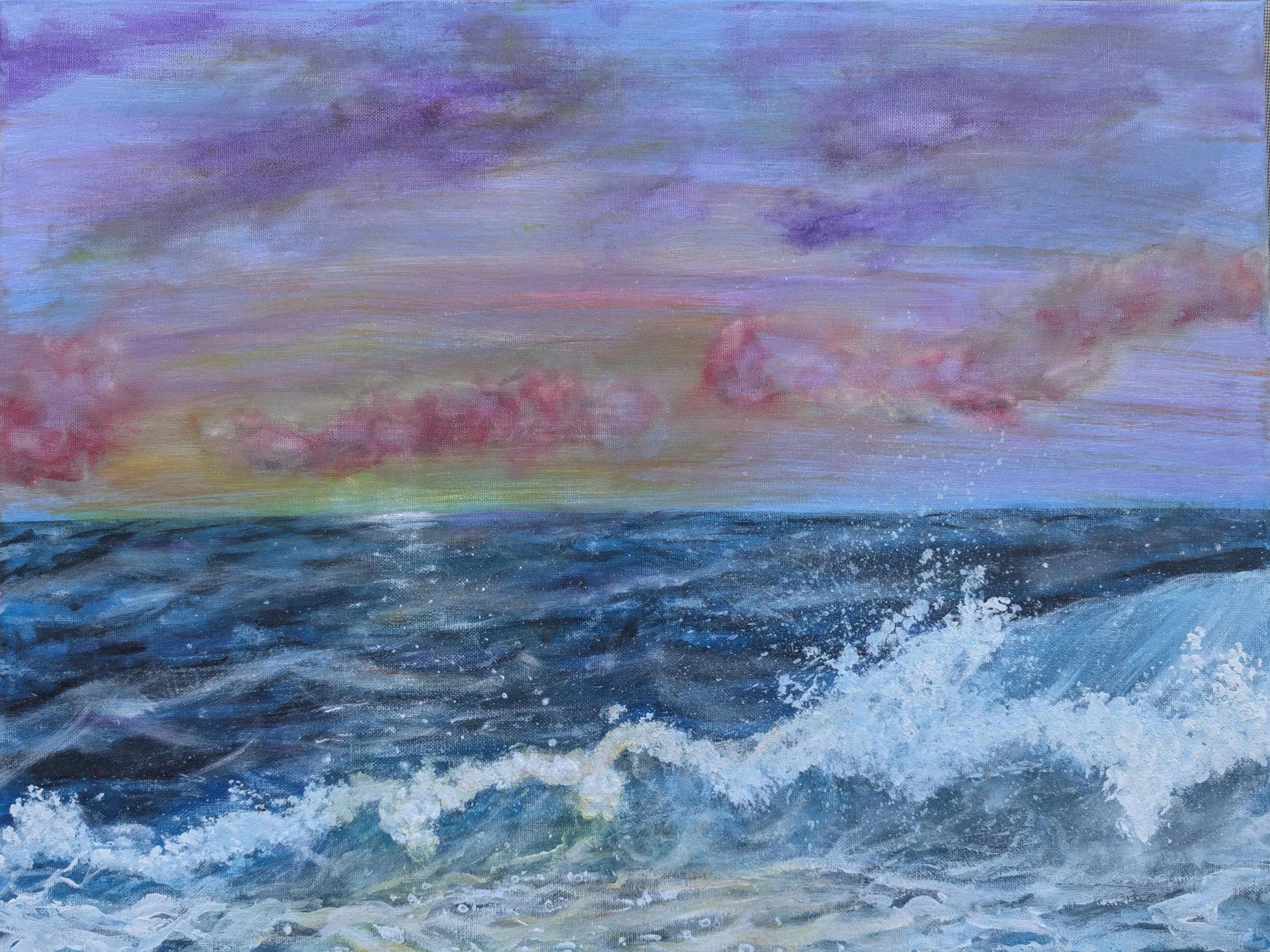 A painting of a colorful sky with purple, pink, and blue clouds over a dark ocean with white splashes.