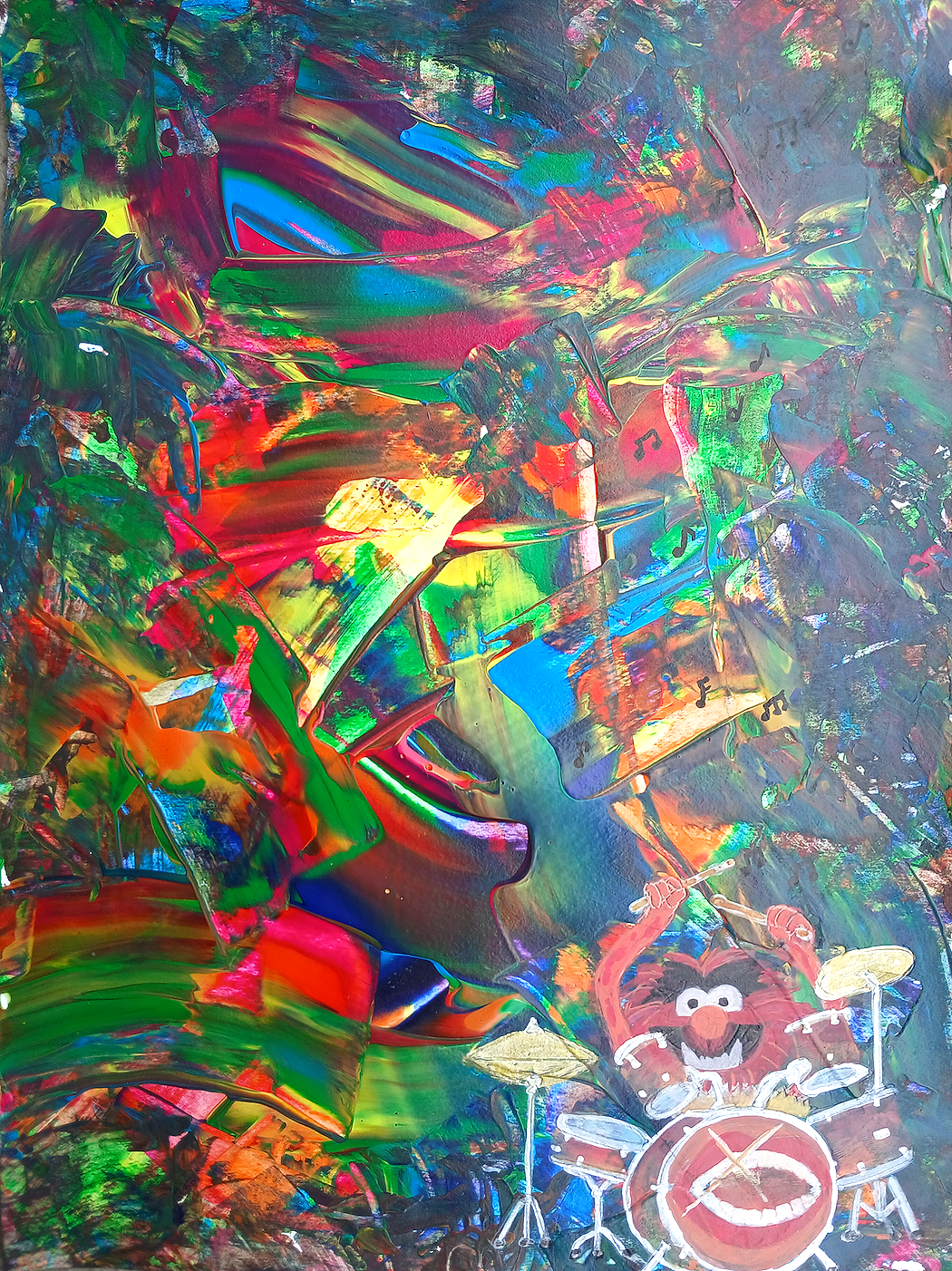 Multicolored abstract artwork featuring an illustration of animal character playing a drum set, with vibrant, swirling, and layered colors.