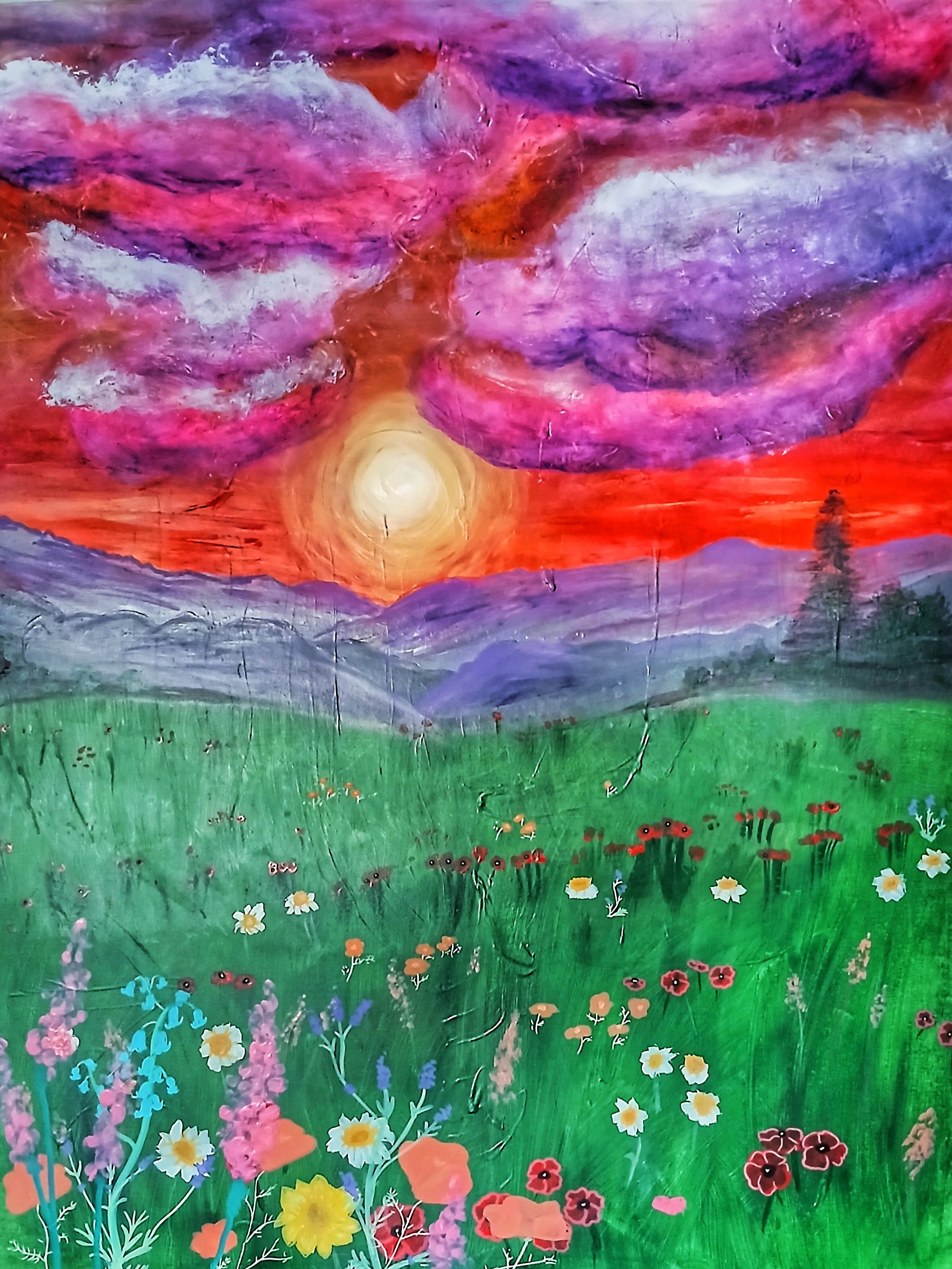 "Beautiful Mess" |
Some canvases come blank.
Others come from the trash.
This 4'x3' beauty was rescued, reused, and reborn with a neon sunset, blooming wildflowers, and zero pressure to be “perfect.” It’s not polished... it’s playful. And honestly?