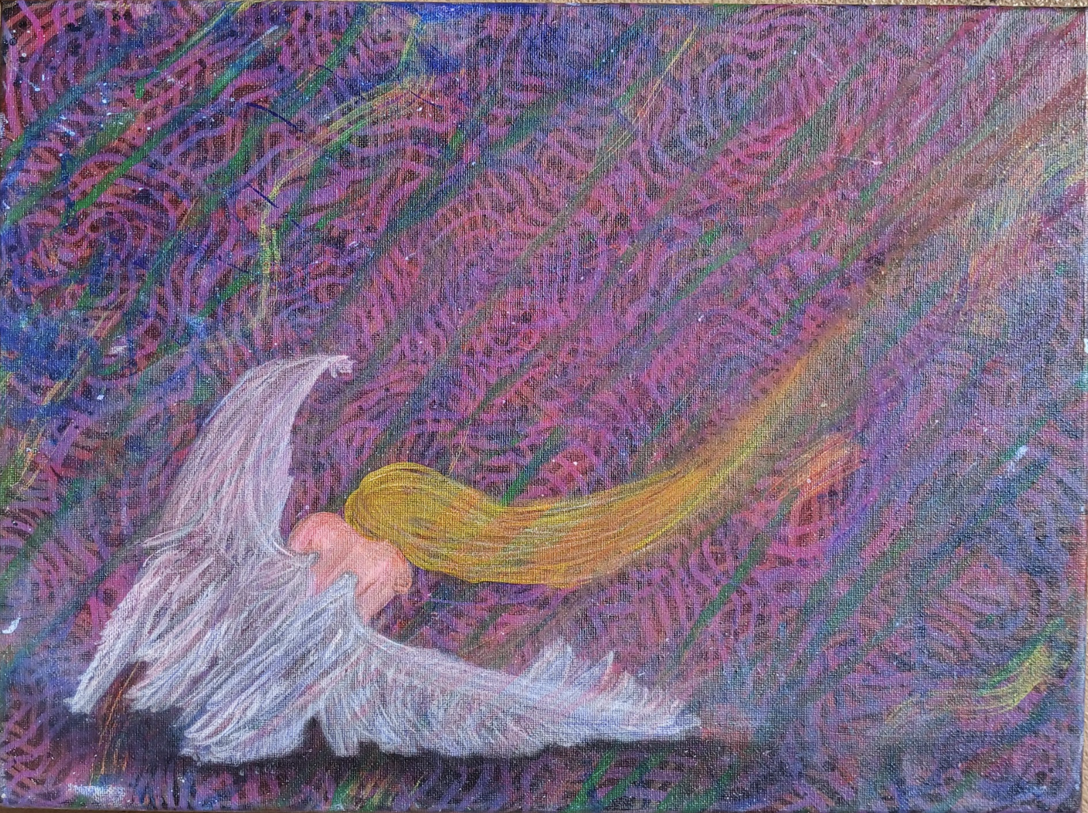 "Between Masks" | Some days I forget which self I’m wearing. Some days I forget if any of them are mine. I painted her in front of the chaos, a fallen angel, caught between who the world expects her to be and who she actually is. Masking to belong, u