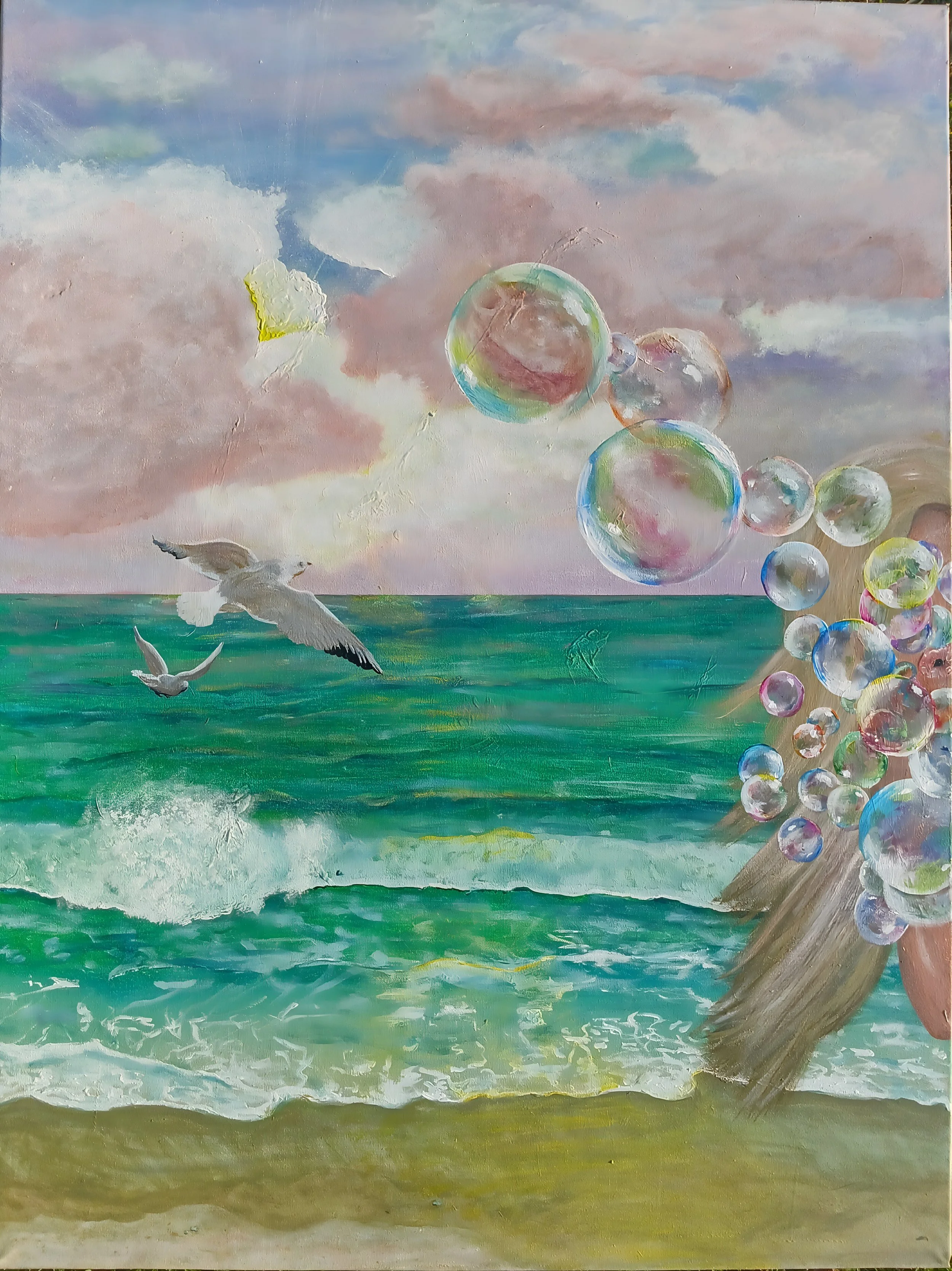 "She was the Bubble and the Light" | Inspired by a photo of me as a child blowing bubbles at the beach, this piece became a quiet journey back to joy... layer by layer, moment by moment, an exercise in reconnecting with my inner child, the part of me