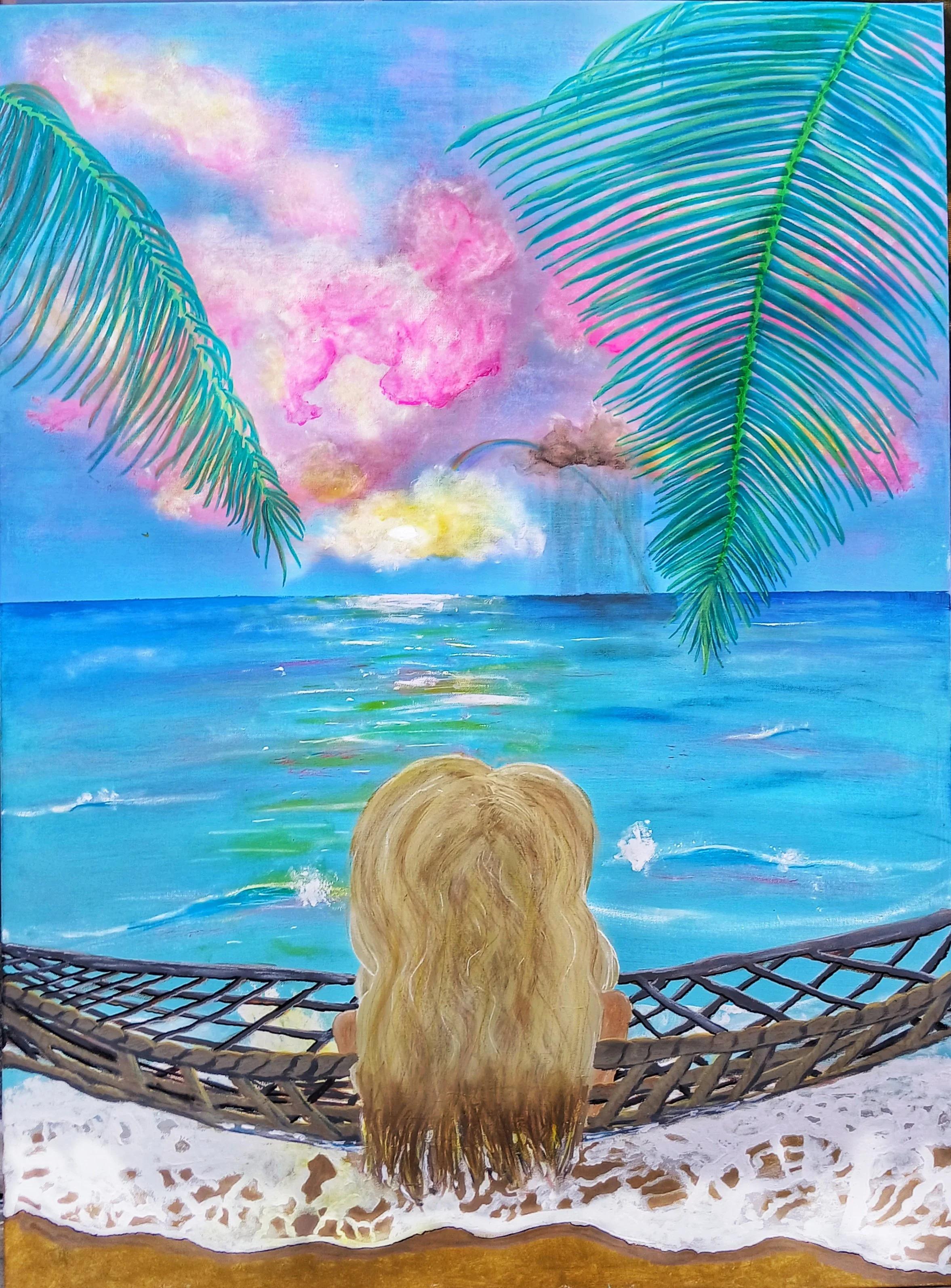 "Let the Colors Dream for You" | I didn’t paint this to be precise. I painted it to pause. This piece isn’t about perfect perspective or realistic proportions. It’s about soft rebellion. The kind where you let the figure stay small so the sea can sta