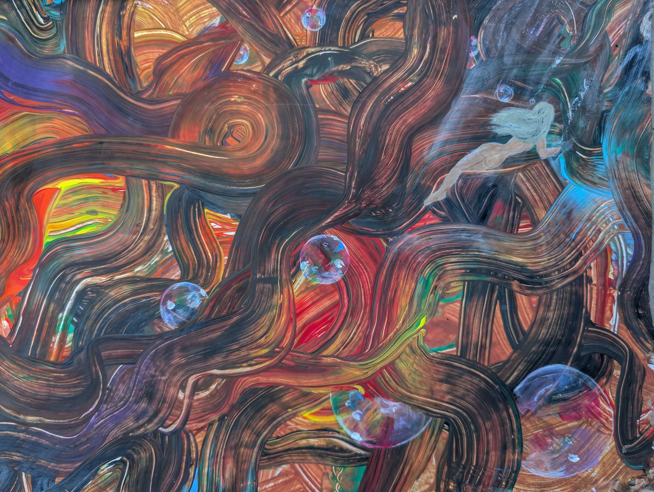 A colorful abstract painting with swirling lines and vibrant colors, including highlights of blue, red, yellow, and purple, with a faint silhouette of a person in a dynamic pose on the right side.
