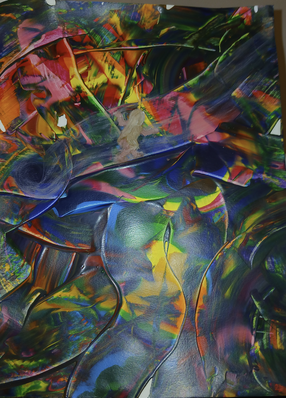 Abstract colorful artwork with swirling patterns of vibrant colors including green, blue, yellow, orange, pink, and purple, with a small figure of a girl with blonde hair in the center.