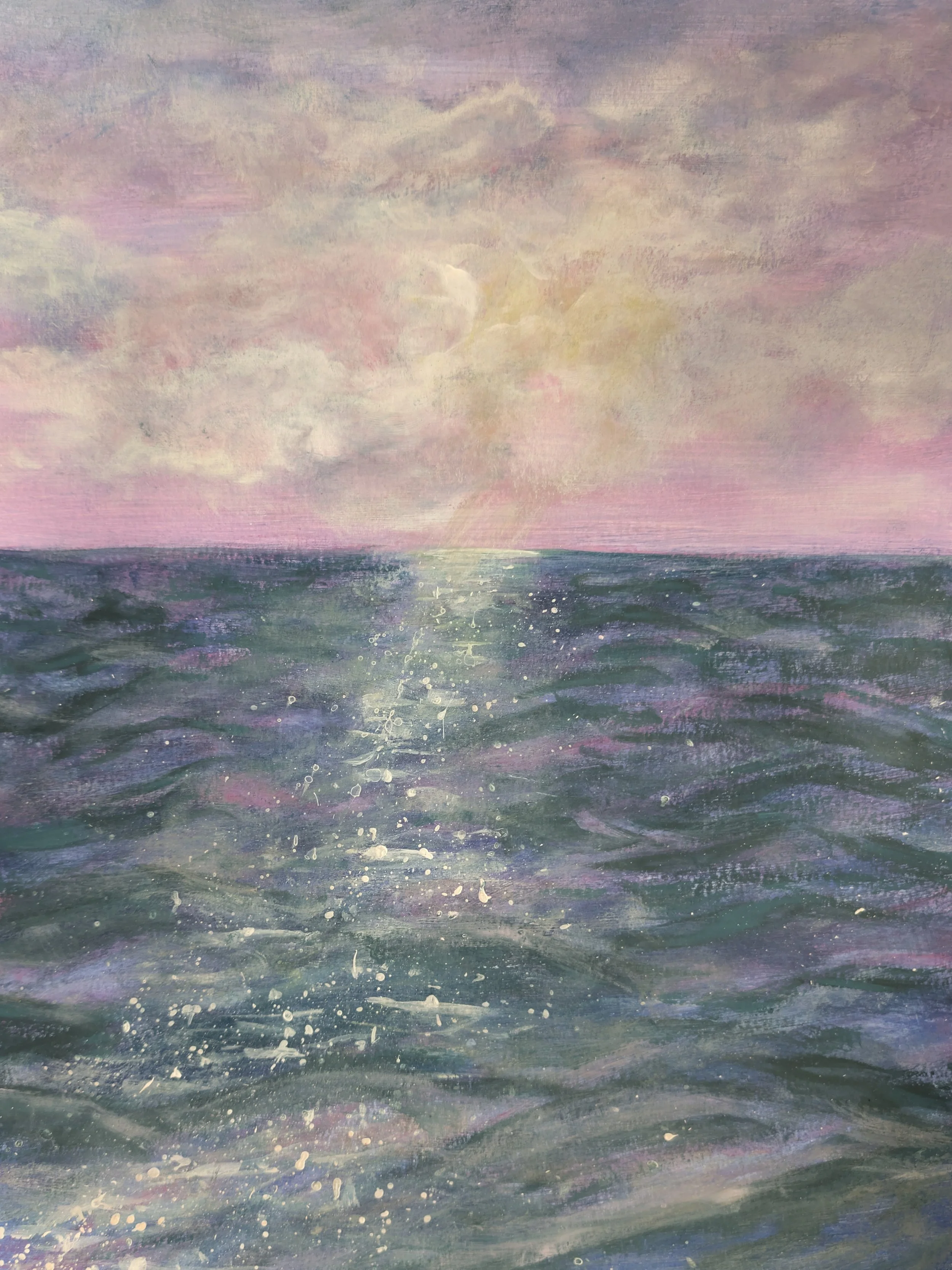 A painting of a sunset over the ocean with pink, purple, and blue hues in the sky and water.