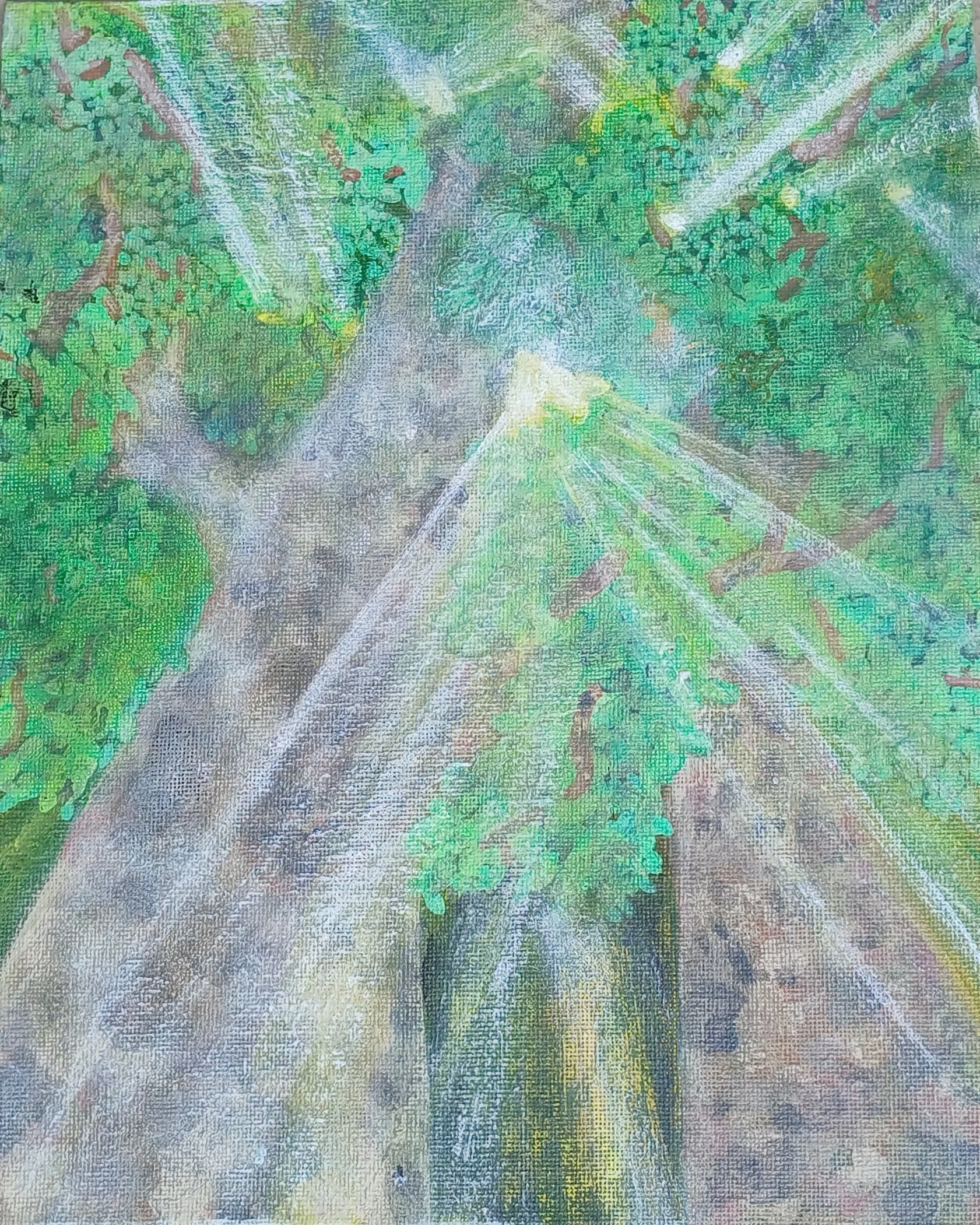 A colorful abstract painting with vibrant shades of green, yellow, blue, and pink, featuring textured brushstrokes and a layered composition.