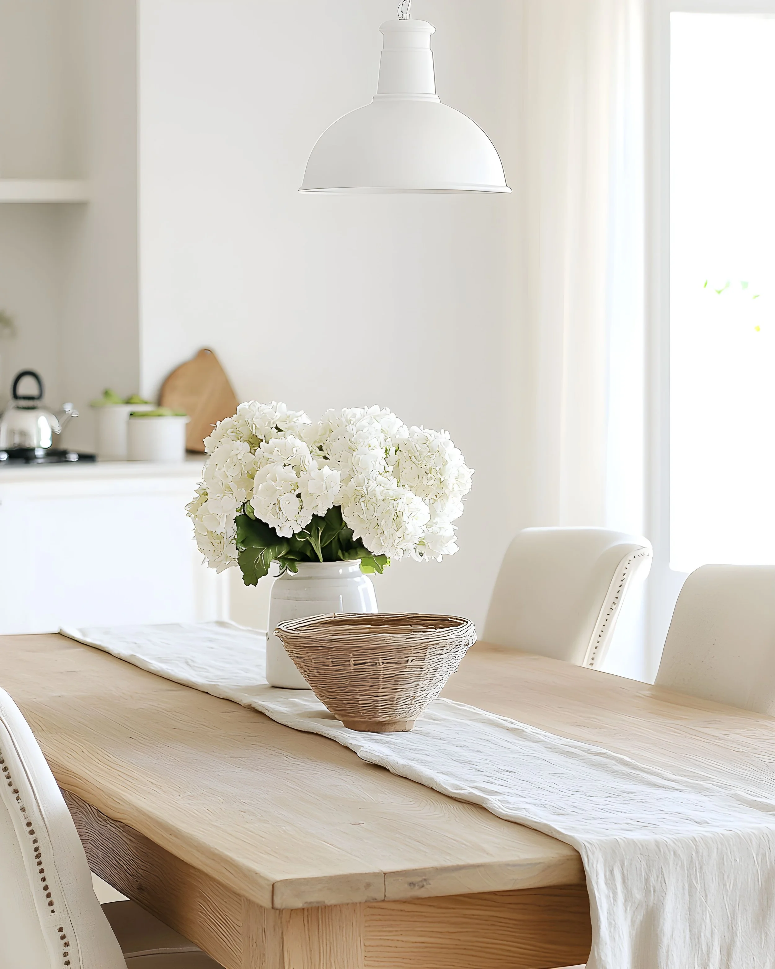 Organized Kitchen with Lovely Bouquet of White Hydrangeas in Cary, NC